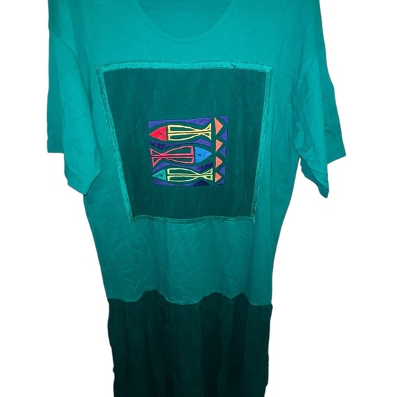 Vintage🐠Johnny Was 90s Teal Embroidered Appliqué Fish Short Sleeve Maxi Dress M - Picture 2 of 8